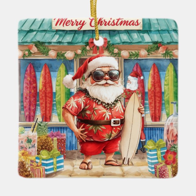 Surfing Christmas with Santa Claus surfer  Ceramic Julgransprydnad Keramik (Framsida)