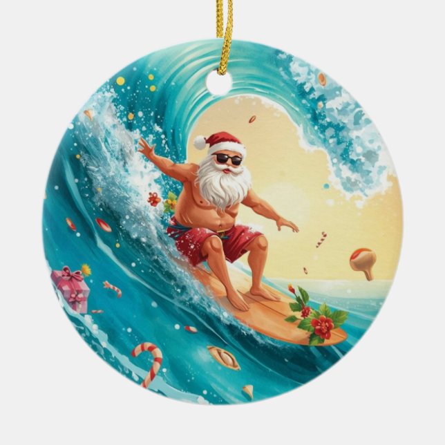 Surfing Christmas with Santa Claus surfer  Julgransprydnad Keramik (Framsidan)