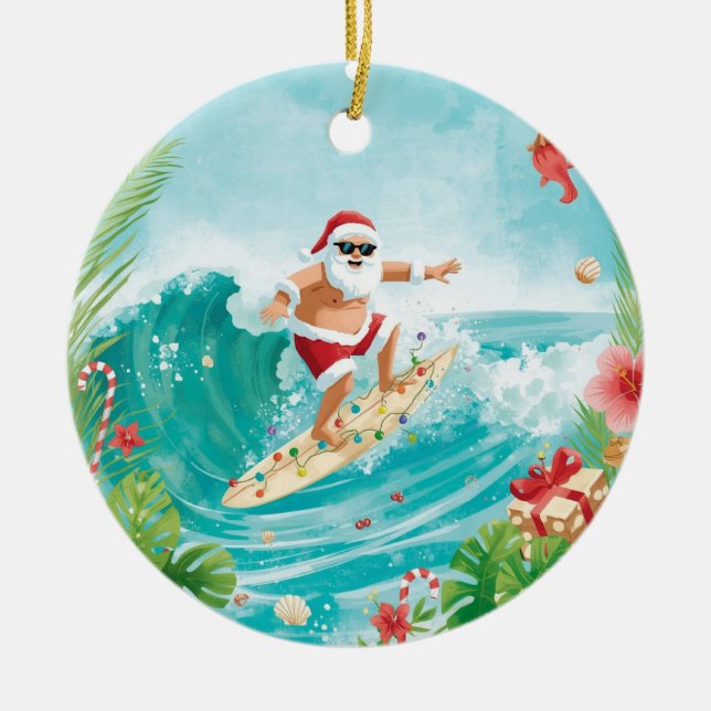 Surfing Christmas with Santa Claus surfer  Julgransprydnad Keramik (Framsidan)