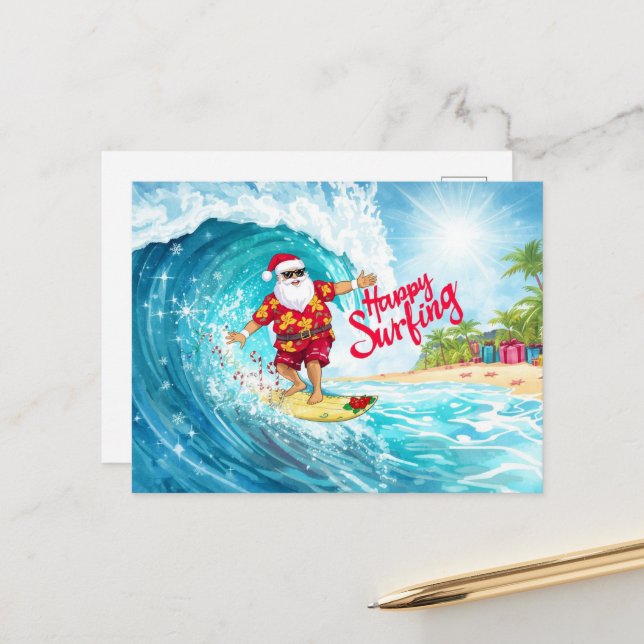 Surfing Christmas with SANTA CLAUS  Vykort (Fram/Back In Situ)