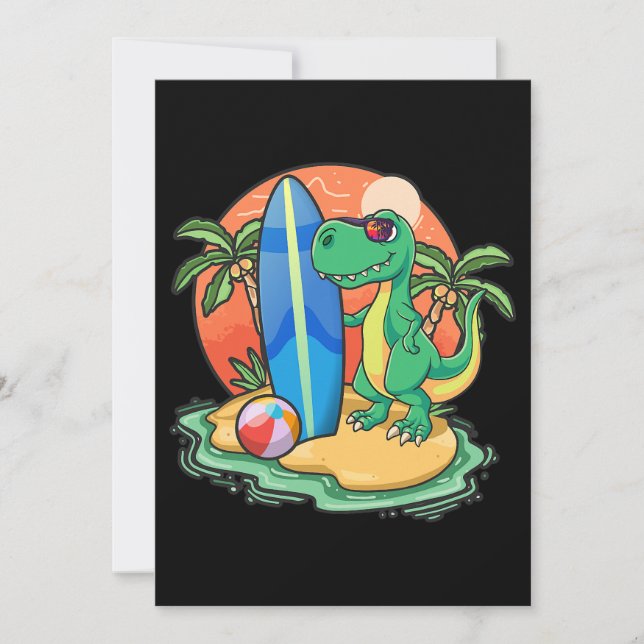 Surfing Dinosaur Funny Beach Vacation Animal Graph Inbjudningar (Framsida)