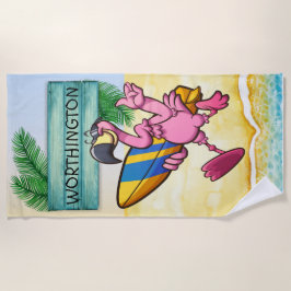 Surfing Flamingo Beach Towel