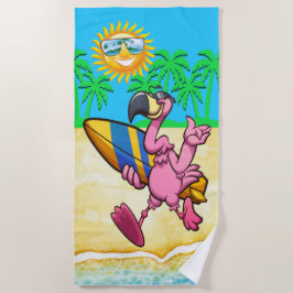 Surfing Flamingo Beach Towel