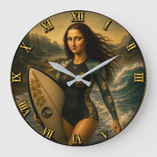 Surfing Funny Mona Lisa for Beach & Ocean Lovers Stor Klocka (Framsida)