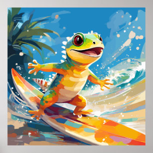 Surfing Gecko Riding the Vågar Poster