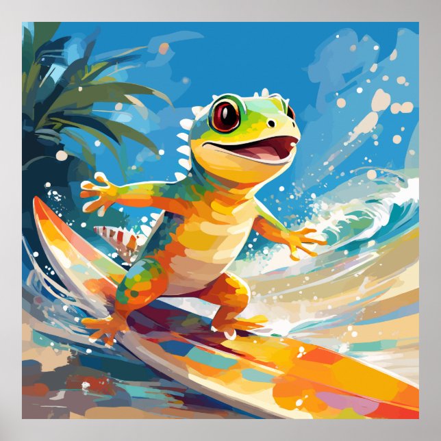 Surfing Gecko Riding the Vågar Poster (Framsidan)