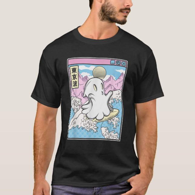 Surfing Ghost In Japanese Waves Anime Kawaii Vapor T Shirt (Framsida)