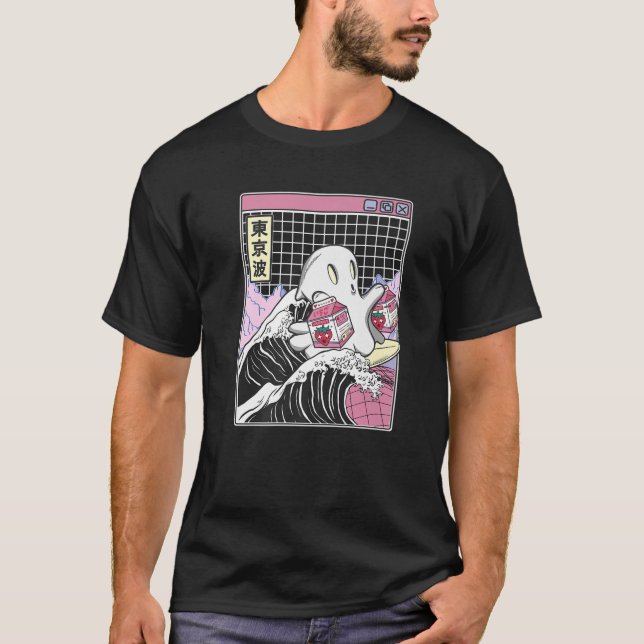 Surfing Ghost Strawberry Mjölk Cartons Anime Kawai T Shirt (Framsida)