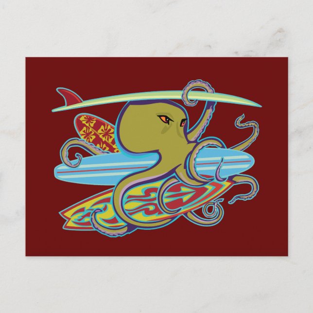 Surfing Halloween Octopus Vykort (Framsida)