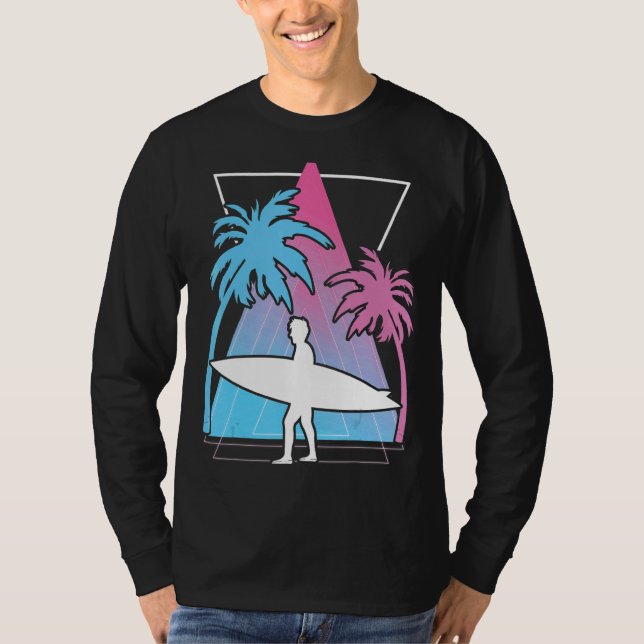 Surfing Handflatan Träd Surfboard Synthwave Waters T Shirt (Framsida)