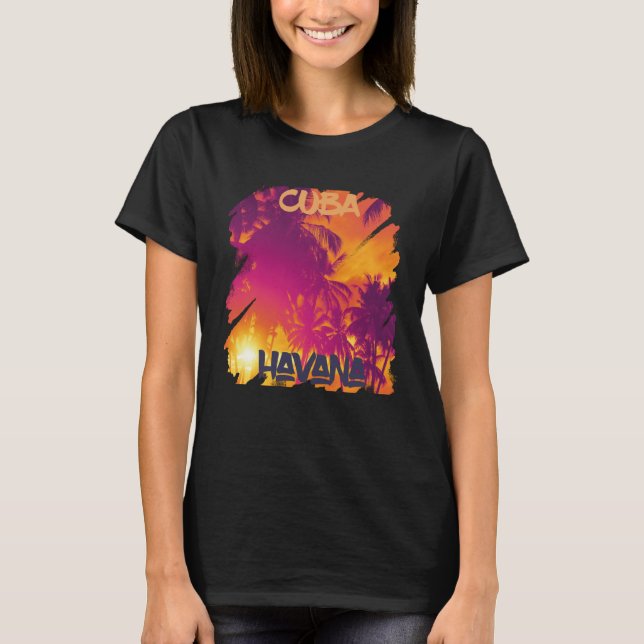 Surfing Havana Vacation Cuba Palm tree Beach Ocean T Shirt (Framsida)