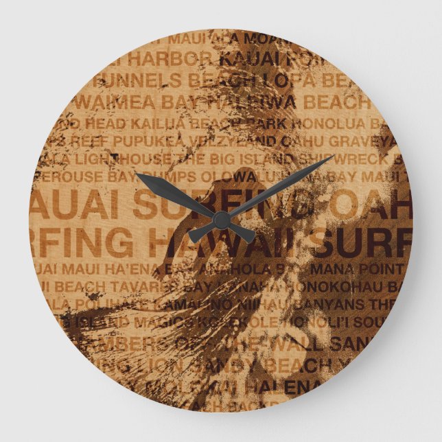 Surfing Hawaii Grönt Room Faux Wood Clock Stor Klocka (Framsida)