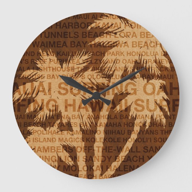 Surfing Hawaii Handflatan Träd Faux Wood Clock Stor Klocka (Framsida)