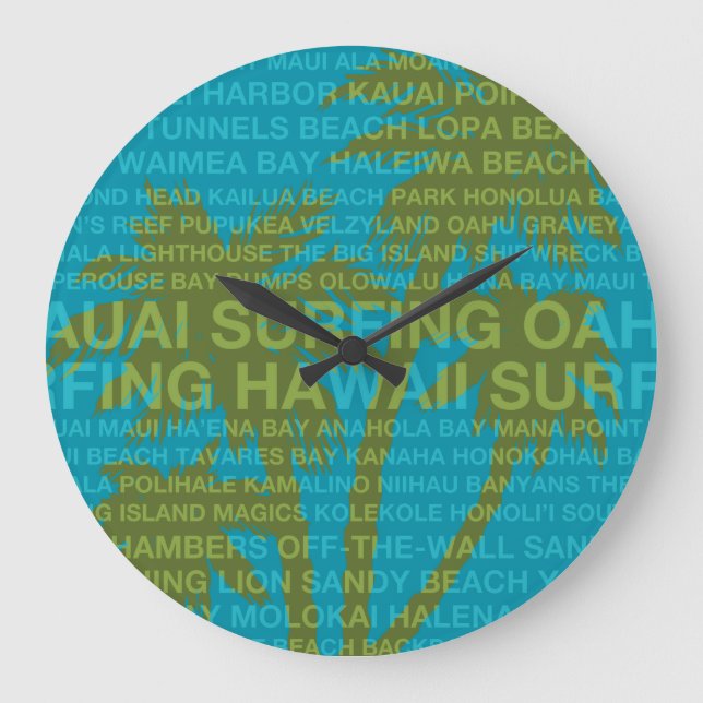 Surfing Hawaii Handflatan Träd Hawaiian Clock Stor Klocka (Framsida)