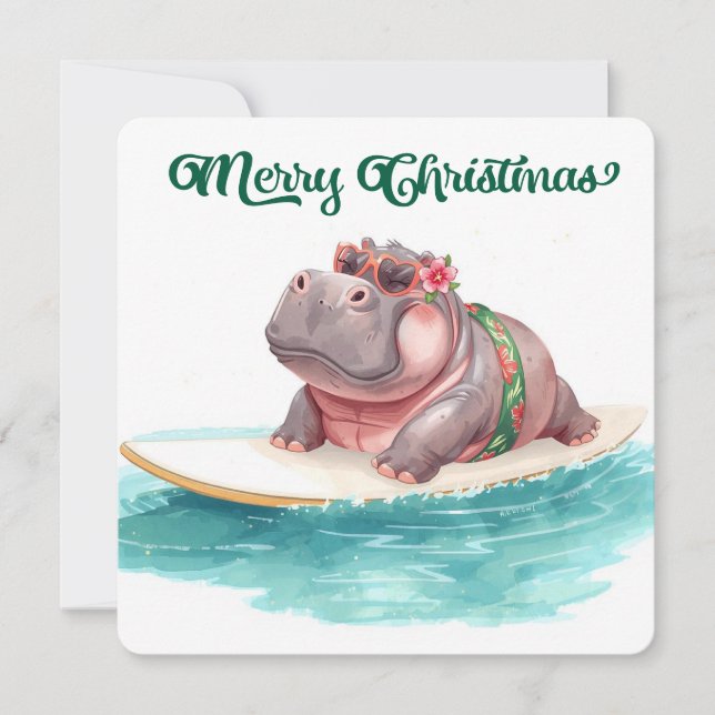 Surfing Hippo Bikini Christmas  Julkort (Framsida)