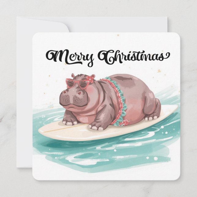 Surfing Hippo Bikini Christmas  Julkort (Framsida)