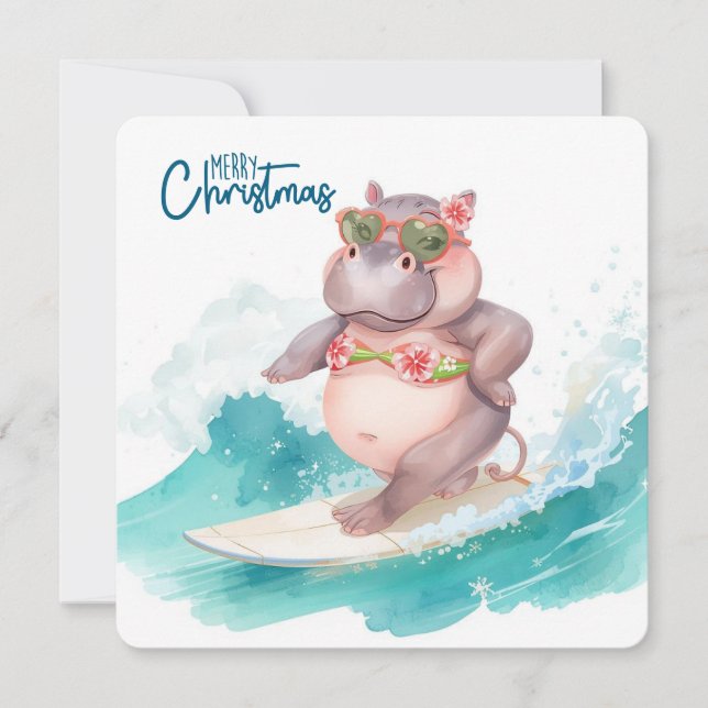 Surfing Hippo Bikini Christmas  Julkort (Framsida)