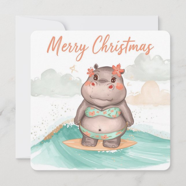 Surfing Hippo Bikini Christmas  Julkort (Framsida)