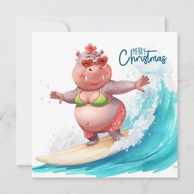 Surfing Hippo Bikini Christmas  Julkort (Framsida)