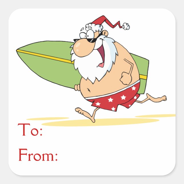 Surfing Jultomten Fyrkantigt Klistermärke (Framsida)