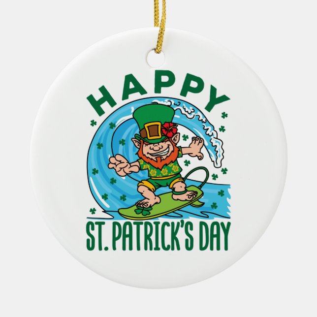 Surfing Leprechaun Hawaiian St patricks day Julgransprydnad Keramik (Framsidan)