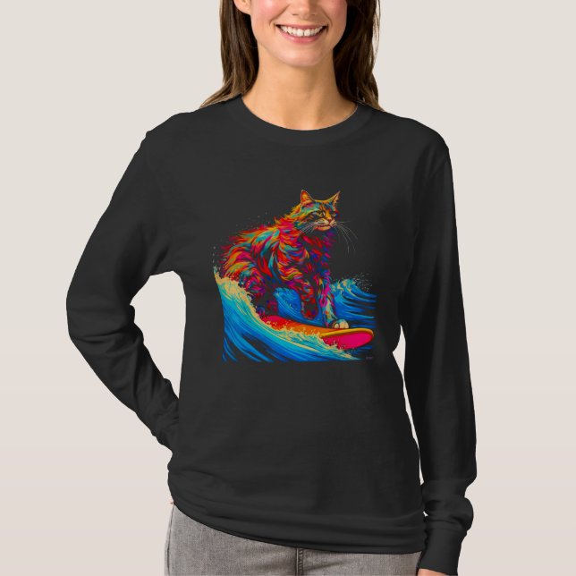 Surfing Maine Coon Cat Surf T Shirt (Framsida)