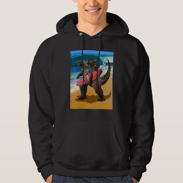 Surfing Monster Japanese Kanji Retro Surfer Hoodie (Framsida)
