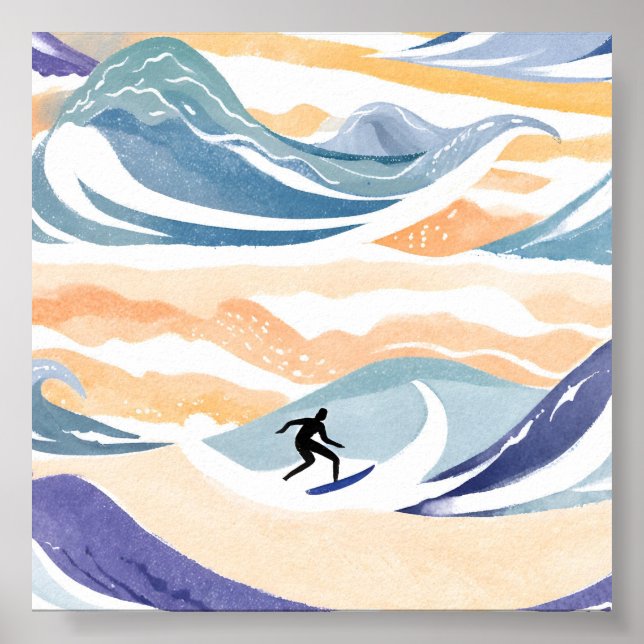 Surfing på vågen | Samtidigt akvarellhav Poster (Framsidan)