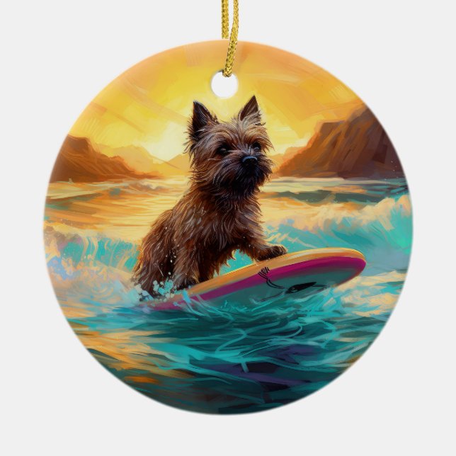 Surfing Painting Cairn Terrier Beach Julgransprydnad Keramik (Framsidan)