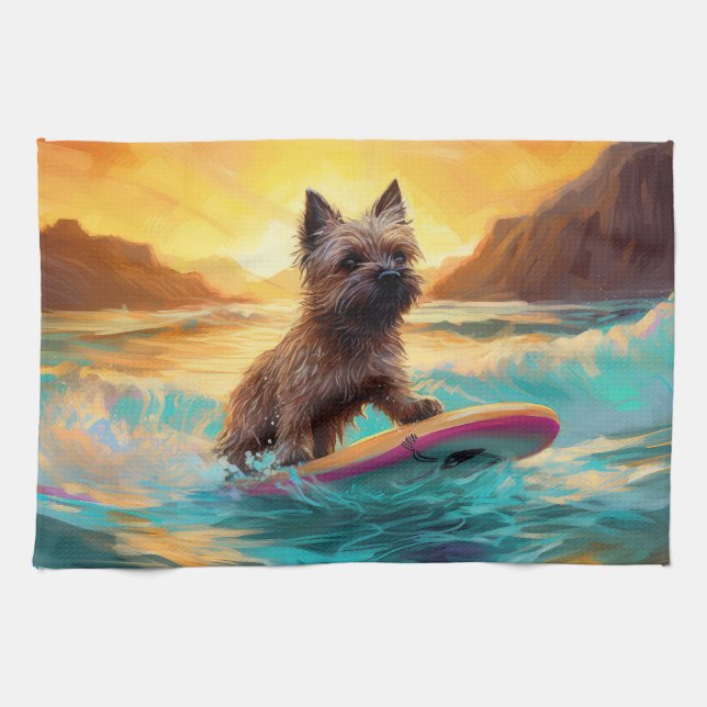 Surfing Painting Cairn Terrier Beach Kökshandduk (Horisontell)