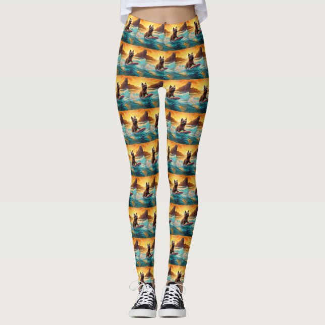 Surfing Painting Cairn Terrier Beach Leggings (Framsida)
