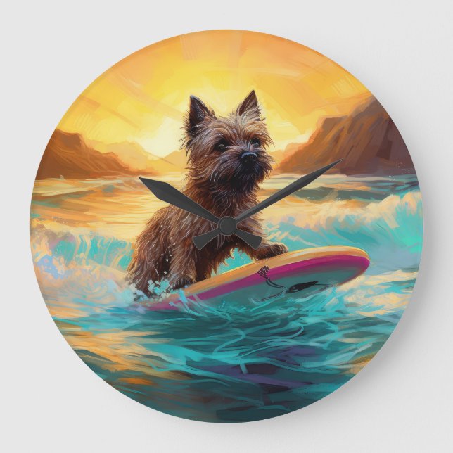 Surfing Painting Cairn Terrier Beach Stor Klocka (Framsida)