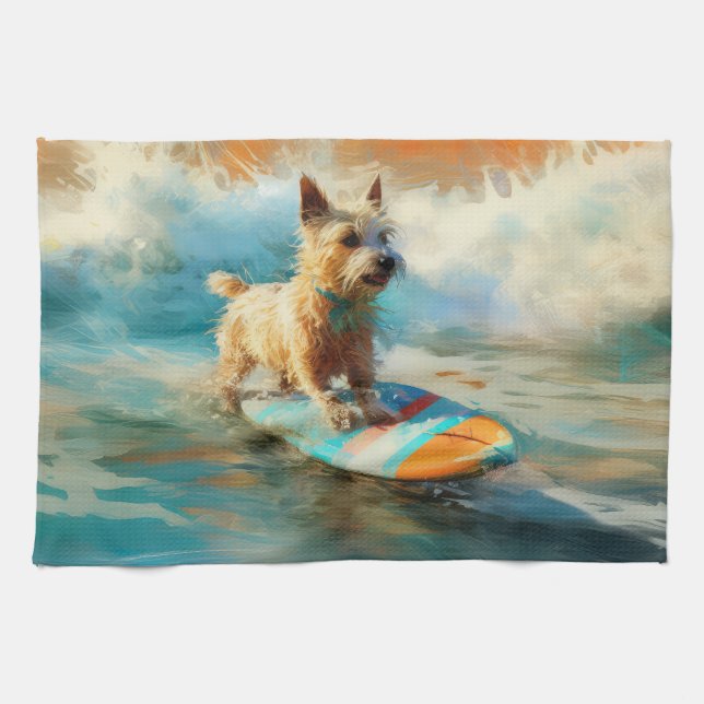 Surfing Painting för Biewer Terrier Beach Kökshandduk (Horisontell)