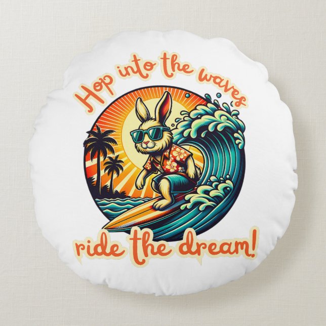 Surfing Rabbit Riding Ocean Vågar Rund Kudde (Framsidan)
