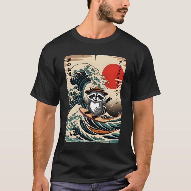 Surfing Raccoon Kawaii Anime Great Wave Surfing Ja T Shirt (Framsida)