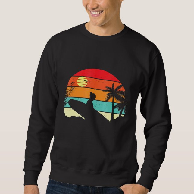 Surfing Retro Surfer Sunset Handflatan Träd - Surf Lång Ärmad Tröja (Framsida)