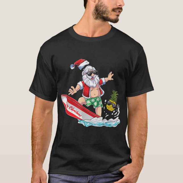 Surfing Santa Beach Helgdag Plams jul i Jul T Shirt (Framsida)