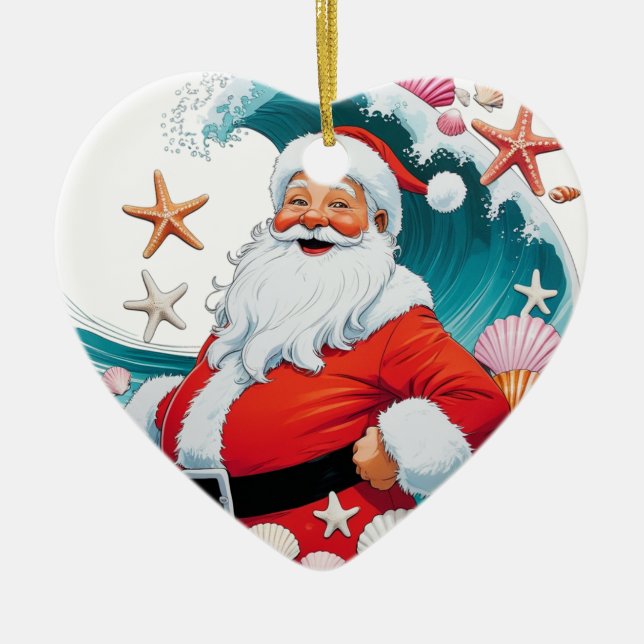 Surfing Santa Seashell Wave-julprydnad Julgransprydnad Keramik (Framsidan)