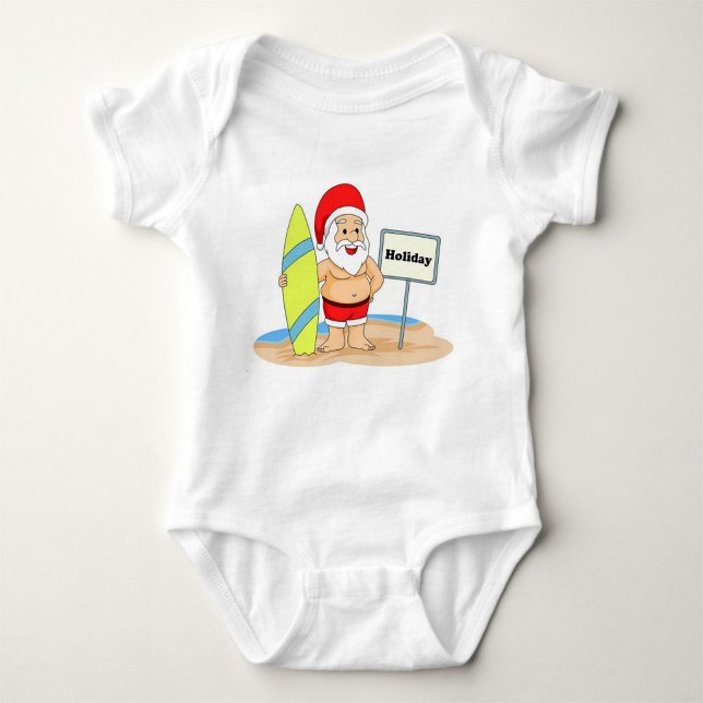 Surfing Santa Tee Shirt (Illustration of a cartoon Santa Claus on a beach, wearing a red Santa hat!)