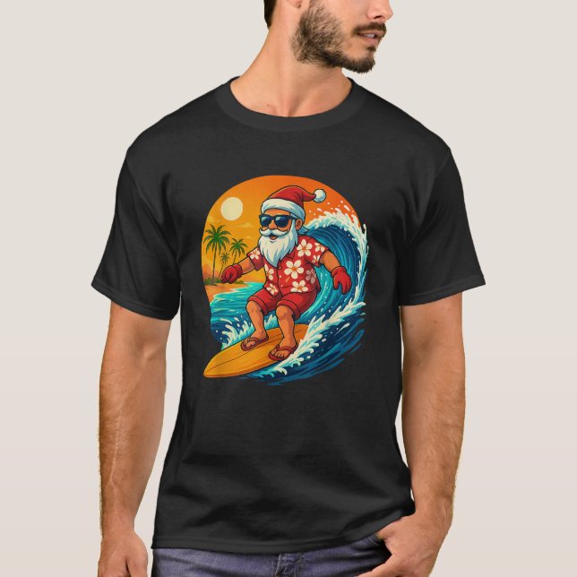 Surfing Santa Tropical Christmas Holiday Hawaiian  T Shirt (Framsida)