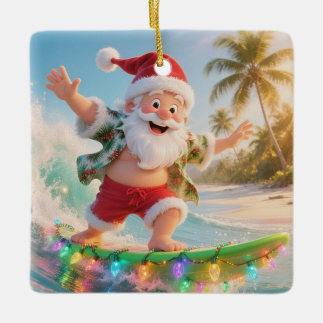 Surfing Santa Tropical Christmas Julgransprydnad Keramik (Framsida)