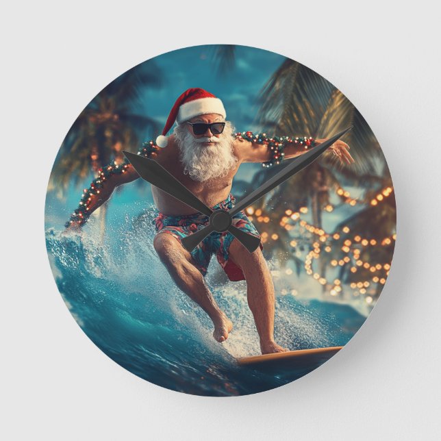 Surfing Santa Wall Clock - Fun Tropical Christmas  Rund Klocka (Framsida)