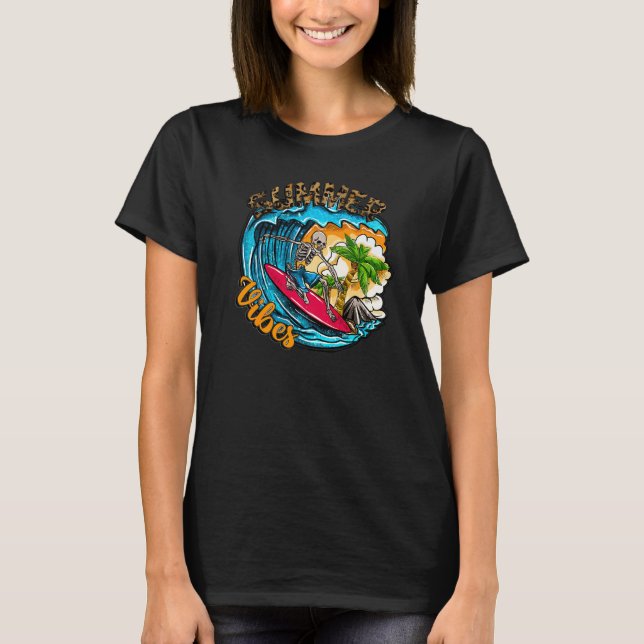 Surfing Skeleton Summer Vibes Beach Vågar Sunset S T Shirt (Framsida)