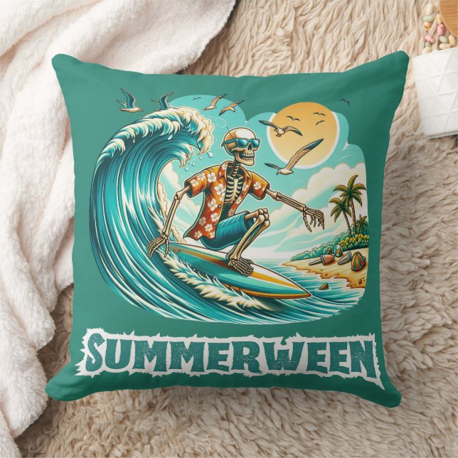 Surfing Skeleton Summerween Beach Vibes Kudde (Filt)