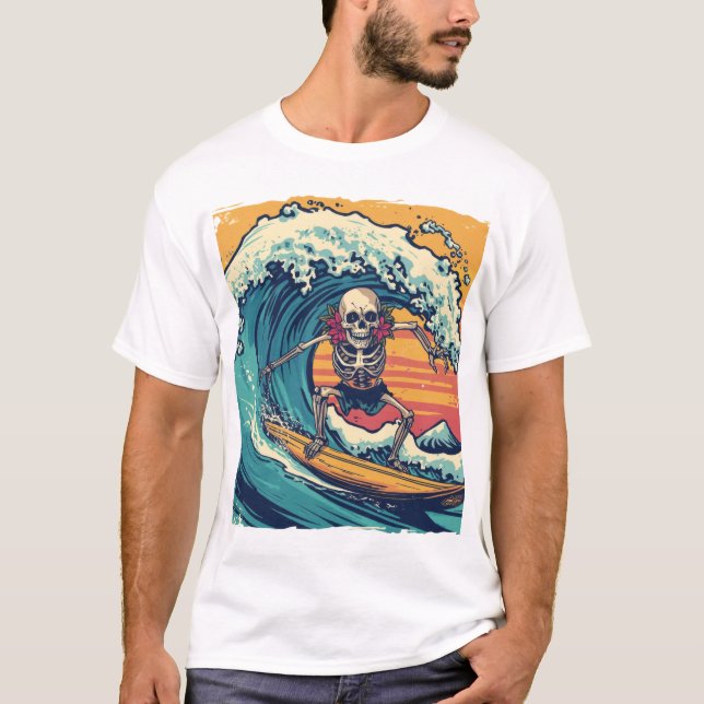 Surfing Skeleton: Wave Rider Vibes T Shirt (Framsida)