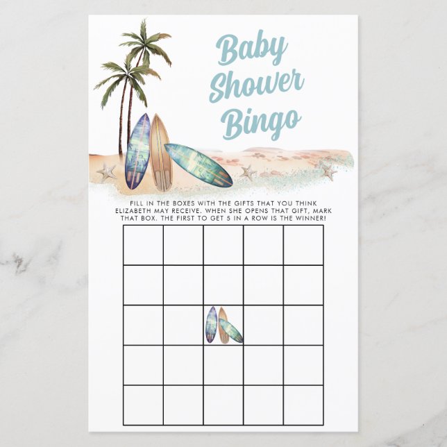 Surfing Strand Sommar Baby Shower Bingo Spel (Framsida)