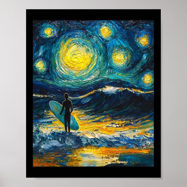 Surfing Surfer Surfbräda - Van Gogh-stil - Stjärni Poster (Framsidan)