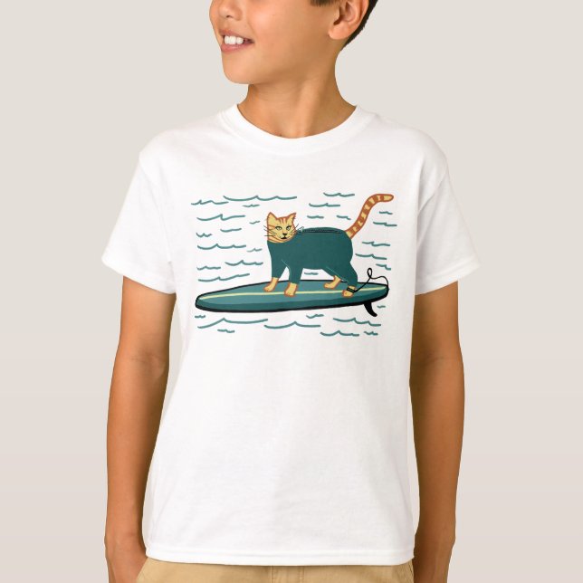 Surfing Tabby katt Cute T Shirt (Framsida)