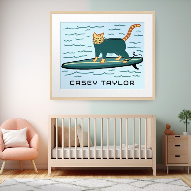 SURFING Tabby katt Funny Cute CUSTOM NAME Nursery Poster (SURFING Tabby Cat Funny Cute CUSTOM NAME Nursery Poster - personalize w your own text or baby name)