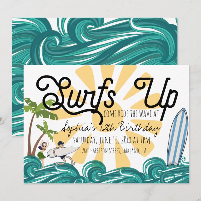 Surfing Théed Birthday-inbjudan Inbjudningar (Fram/baksida)